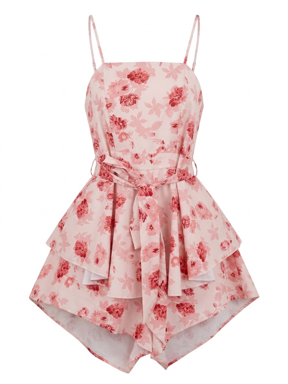 SHEIN Pink Floral Tiered Romper with Belted Waist